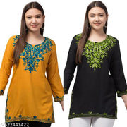 This is a very good and beautiful product. This fabric is also soft. This short kurti is good for summer. It is made of Kashmiri work_ Mustard_Black