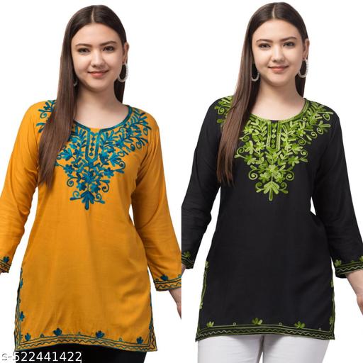 This is a very good and beautiful product. This fabric is also soft. This short kurti is good for summer. It is made of Kashmiri work_ Mustard_Black