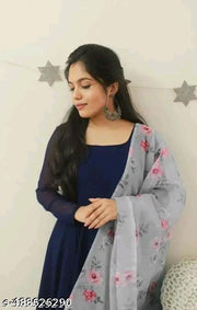 Women Solid Georgette Anarkali Kurta With Attached Dupatta