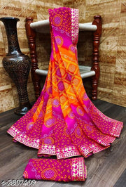KANOODA prints Bandhani Georgette Multicolor Lace border Saree With Blouse