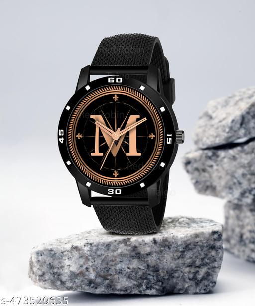 Prathshya Analog Round Black Dial ALPHABET M Design Stylish Black PUn Strap Classic Design Fancy Wrist Watch for Men and Boys, Pack of 1 - ALPHA-M-AVO-BLK-SFR