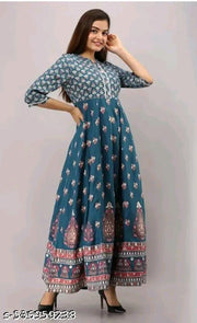 A Treading Beautiful Women Printed Blue anarkali kurti  Trendy Blue Floral Printed Rayon Flared Kurti – Perfect for Daily Wear, Three-Quarter Sleeves