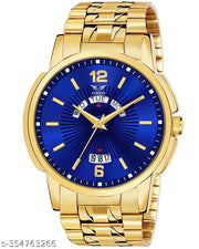 OHHO Original Gold Plated Steel Bracelet Belt & Day-Date Function Blue Dial Analog Watch - For  Men's-Boy's-Gent's