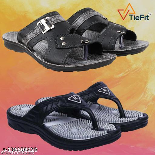 TieFit Men's Accupressure Non-Slip Slippers & TieFit Men's Thong Slipper Combo Pair Of 2