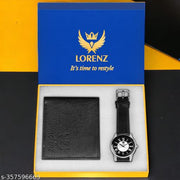 Lorenz Gift Combo Set of Black Analog Watch & Hi-Quality PU Wallet for Men | CM-406WL-01