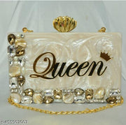 Off white Resin  clutch  in queen written