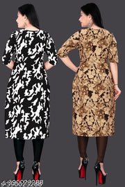 Women Crepe Printed Kurti Combo | Black & Brown Stylish Design | Pack of 2 Extra plus Size - S, M, L, XL, XXL, 2XL, XXXL, 3XL, 4XL, 5XL ( New Arrival New Design Fashionable Kurti Combo Of 2 )