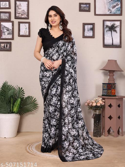 Floral Printed Women's Party Wear Saree With Unstiched Blouse Pieace