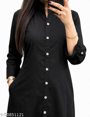 Trendy Attractive Traditional Women Black Solid Daily Wear A-Line Kurtis With Mandarin Collar & Pocket (Latest Design for Festive Season 2026)