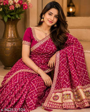 Women's Bandhani Printed Silk Box Embroidered Work Saree with Unstitched Blouse