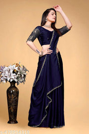 Women's Navy Blue Silk Saree with Heavy Floral Sequin Embroidered Blouse and Cutwork Border