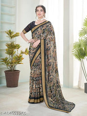 Vichitra Sarees Black Georgette Saree sari For Woman With Blouse Piece