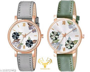 SHREE GORGEOUS FLOWER DESING LATHER ANALOG WATCH FOR GIRLS AND WOMEN COMBO (PACK OF 2)