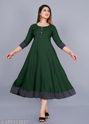 Trendy Women's Solid Printed Round Flared Kurti (Dark Green)