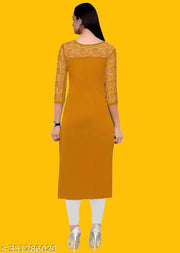 Casual American Crepe And Net Round-Neck 3/4 Length Sleeves Yellow Kurti (45"Inches)