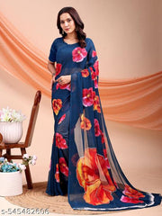 Chiffon bollywood Tassels and Latkans Floral print Blue south saree with Saree with Multiple Blouse