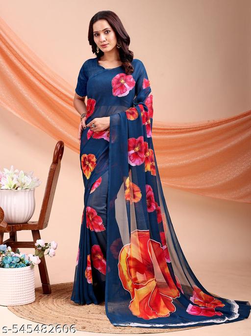 Chiffon bollywood Tassels and Latkans Floral print Blue south saree with Saree with Multiple Blouse