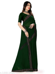 Rovilo Fashion Women's Georgette Hot-Fix Daimod Woven Party Wedding Saree Green Color D416