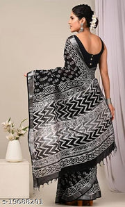 Hand Block Kalamkari Batik Indigo Ajrakh Printed Cotton Linen Saree With Blouse For Women's