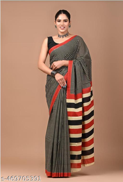 Soft Cotton Mulmul Bagru Hand Printed Cotton Saree With Blouse