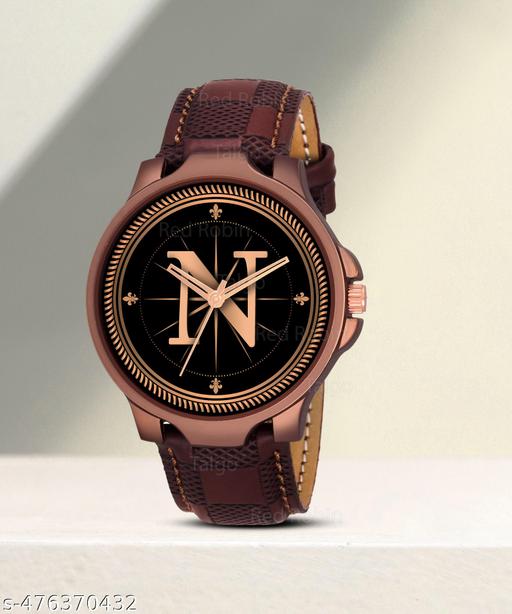 Welix Analog Round Black Dial ALPHABET N Design Stylish Brown Leather Strap Classic Design Fancy Wrist Watch for Men and Boys, Pack of 1 - ALPHA-N-3K-BRW-CHL