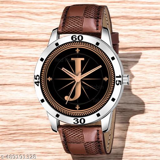Sky Mart  Analog Round Black Dial ALPHABET J Design Stylish Brown Leather Strap Classic Design Fancy Wrist Watch for Men and Boys, Pack of 1 - ALPHA-J-AVO-SIL-BRW-CHL