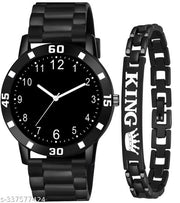 Black Dial Black PU Strap With King Bracelet combo Watch For Boys And men
