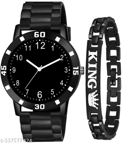 Black Dial Black PU Strap With King Bracelet combo Watch For Boys And men