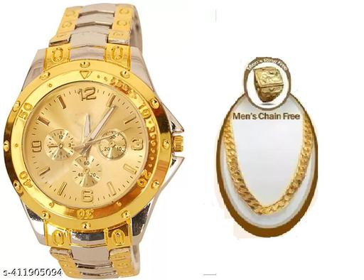 Gold Dial Golden Wrist watch for men watch With free ring And  Men With Free Designer Flat Chain gold plated chain