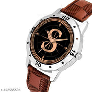 Gadgets WorldAnalog Round Black Dial ALPHABET S Design Stylish Brown Leather Strap Classic Design Fancy Wrist Watch for Men and Boys, Pack of 1 - ALPHA-S-AVO-SIL-BRW-CHL -1