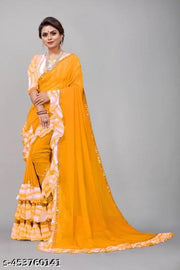 Women's Georgette Saree With Blouse Piece, Ruffle Frill Saree