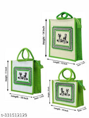 Printed Eco-Friendly Tribal Canvas Print Jute Bag/Shopping Bag/Grocery Bag with Zip Closure (green), Pack of 3