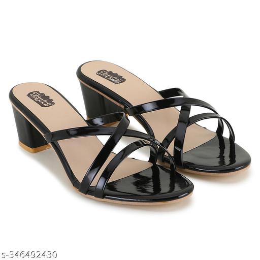 Taydol women black fancy footwear block heel cone heel spool heel pvc sole open toe with strip solid pattern slip-on medium heel sandal (Black-72)