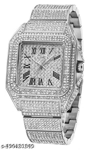 Htm Men's Fashion Crystal Luxury Big Face Square Full Bling Iced Diamond Bracelet Analog Watch - Silver