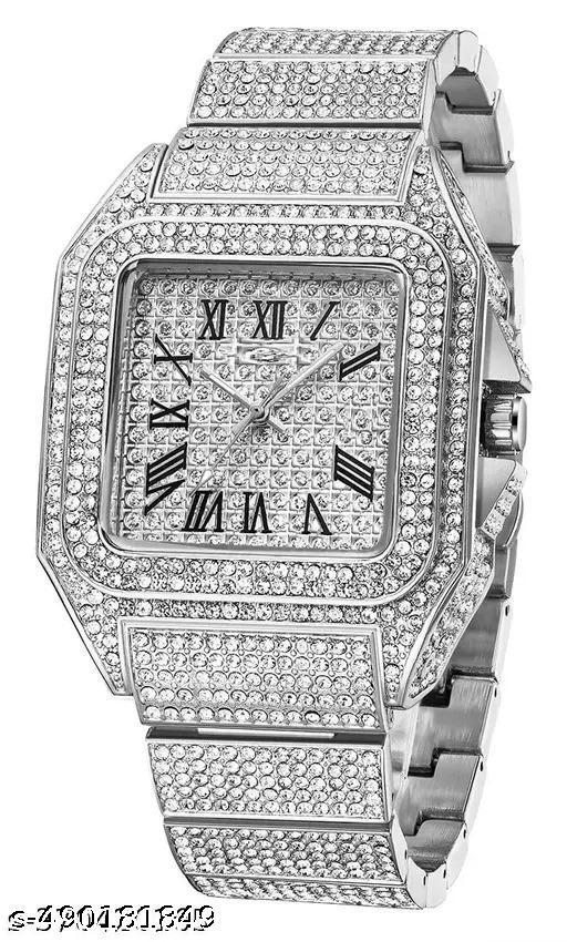 Htm Men's Fashion Crystal Luxury Big Face Square Full Bling Iced Diamond Bracelet Analog Watch - Silver