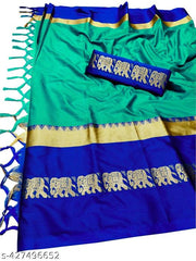 PAITHANI STYLE ZARI BORDER SAREE  Hathi Design Cotton Silk Saree Elegant Elephant Border saree With Running Blouse Piece (Sea Green & Blue)