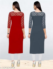 Pack of 1 Casual American Crepe And Net Round-Neck 3/4 Length Sleeves Red & Grey Kurti (42"Inches)