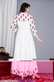 Women's White Rayon Anarkali Gown with Pink Floral Print & Button Detail