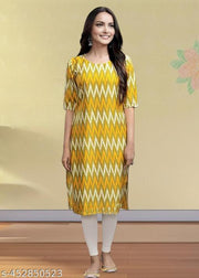 Casual American Crepe Round-Neck 3/4 Length Sleeves Geometric Printed Straight Yellow  Kurti (45"Inches)