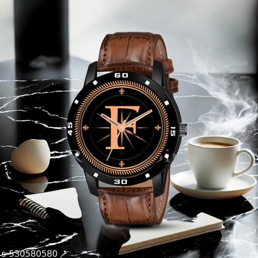 Femeo  Analog 9109 Watches Round Black Dial F Design Stylish Brown Leather Strap Classic Design Fancy Wrist Watch for Men and Boys, Pack of 1 - A07ZALPHA-F-AVO-BLK-DBRW-CRL