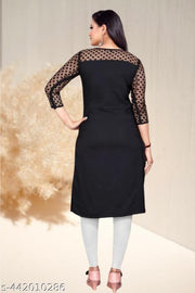 Casual American Crepe And Net Round-Neck 3/4 Length Sleeves Black Kurti (45"Inches)
