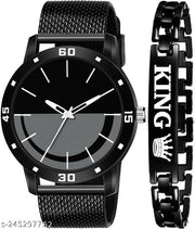 Black PU Belt Watch And King Black Breclet Analog Watch - For Men