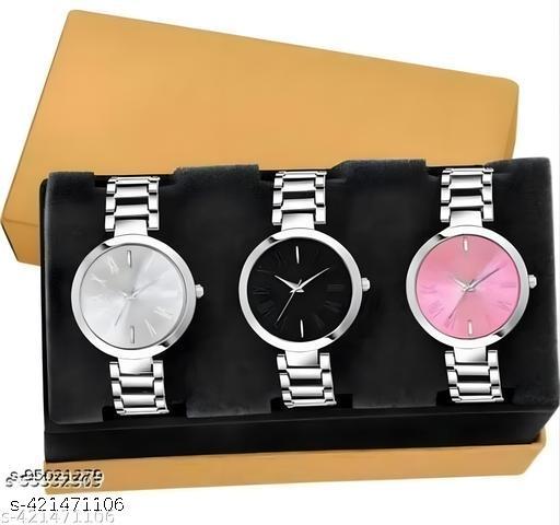 new premium &Exquisite Siver blet 3 combo   analog watch for woman and girl's
