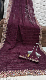 Designer party Wear saree Siroski Stone With Blouse Pieace and Cutwork
