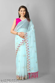 Elegant Women's Embroidered Saree with Mirror Work Design, Fancy Tassels and Matching Unstitched Blouse for Traditional and Ethnic Wear