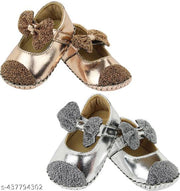Neska Moda 6 To 12 Months Baby Girls Belly Shoe Fancy Partywear Bow Baby Sandal Velcro Booties (Toe to Heel Length - 12 cm, Brown, Silver)-BT1611andBT1612