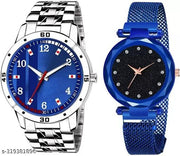 Blue Analog Watch For Men & Women Combo of 2 Watches for Classic New Arrival Stainless Steel and Metal Watches for couple Magnetic Luxrious Mesh Watch for Girls