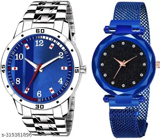 Blue Analog Watch For Men & Women Combo of 2 Watches for Classic New Arrival Stainless Steel and Metal Watches for couple Magnetic Luxrious Mesh Watch for Girls