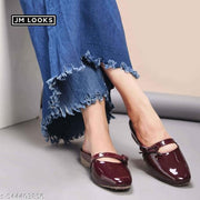 JM Looks Women's Glossy Patent Slip-On Mules with Bow Detail Flat Sandal Comfortable Cushion Footbed for Office Party & Casual Wear- Wine