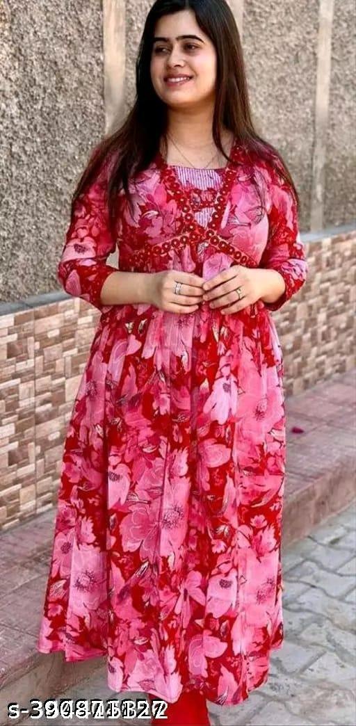 Stylish Alia Cut Single kurti for Women Ethnic Wear|Dress for Wedding Festival party wear desinger Dress| women Aline Dress Gifts|Pink Floral Printed Rayon Kurta with Lace Border| – Empire Fit, V-Neck, Calf Length, Three-Quarter Sleeves, Daily Wear|